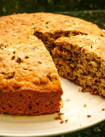 chocolate chip cake with a slice cut