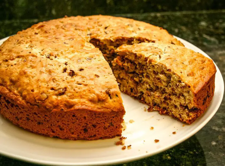 chocolate chip cake with a slice cut