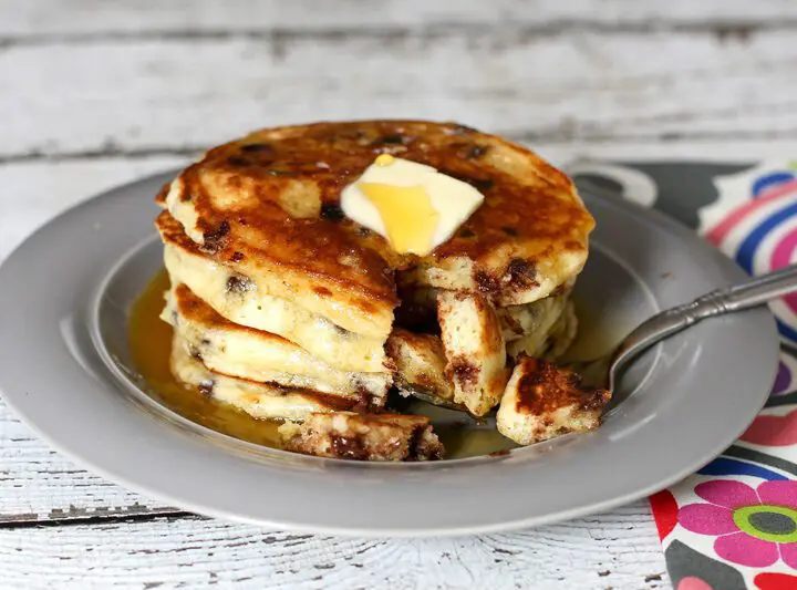 chocolate chip pancakes with butter and syrup