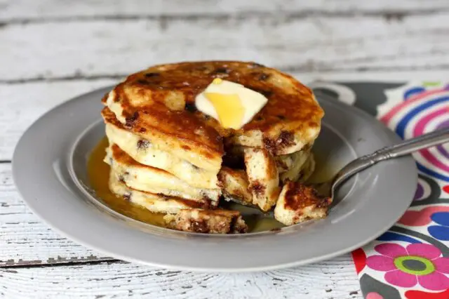 chocolate chip pancakes with butter and syrup