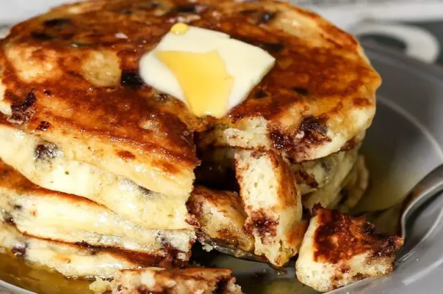 closeup of chocolate chip pancakes