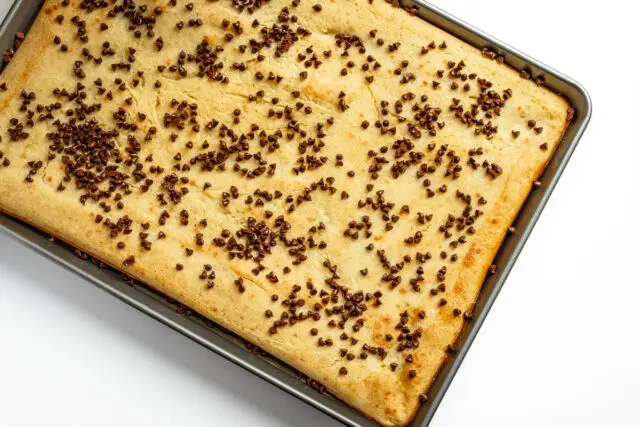 Baked sheet pan pancake with mini chocolate chips.