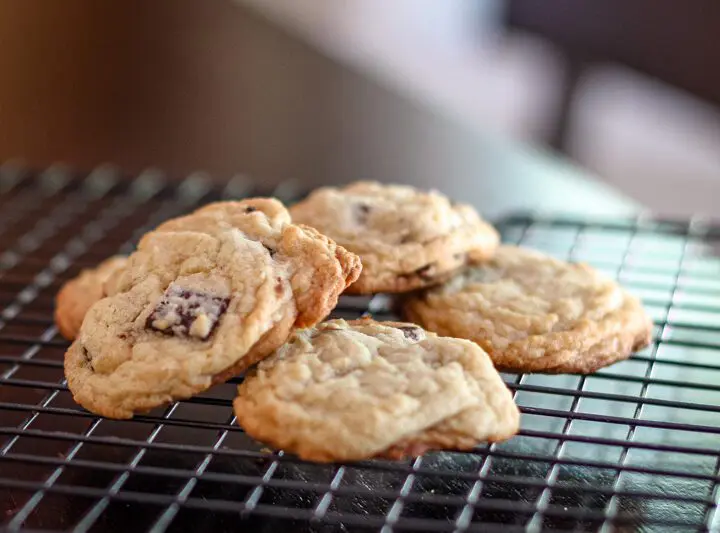 chocolate chunk cookie on a cooling rack