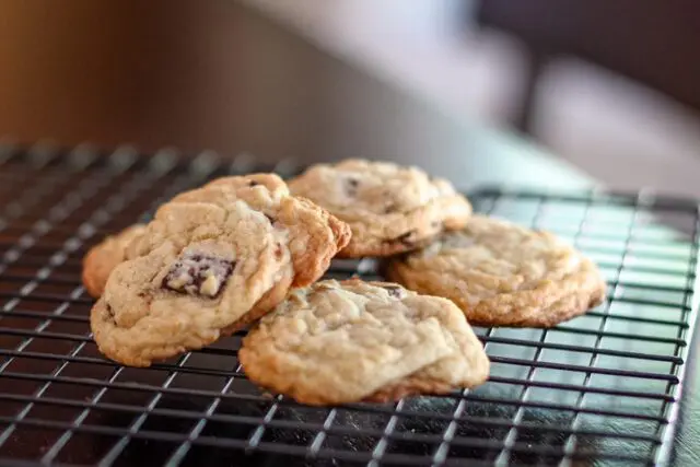 chocolate chunk cookie on a cooling rack