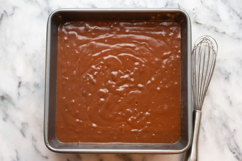 vegan dessert: chocolate coconut oil cake batter in the pan