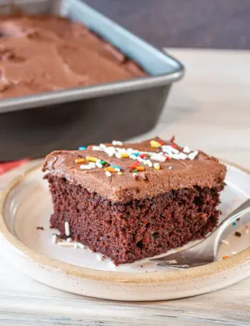 chocolate coconut oil cake slice on a plate with the frosted cake in the background