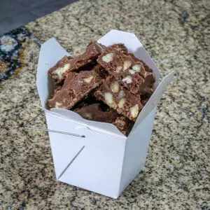 chocolate hazelnut fudge in a take-out box