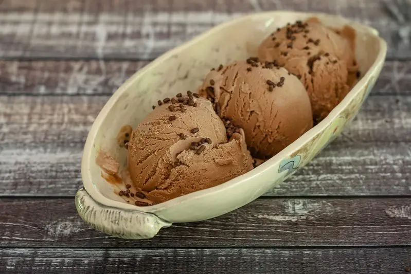 oblong pottery dish with 3 scoops of homemade chocolate ice cream