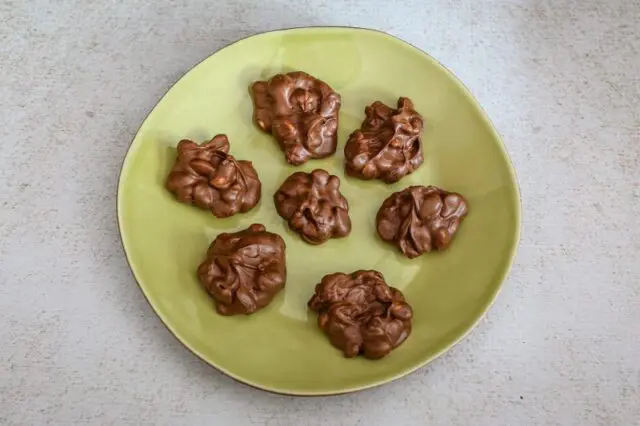 chocolate peanut clusters on a plate