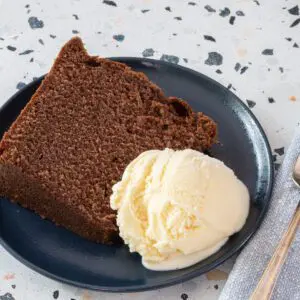 a slice of chocolate pound cake and ice cream