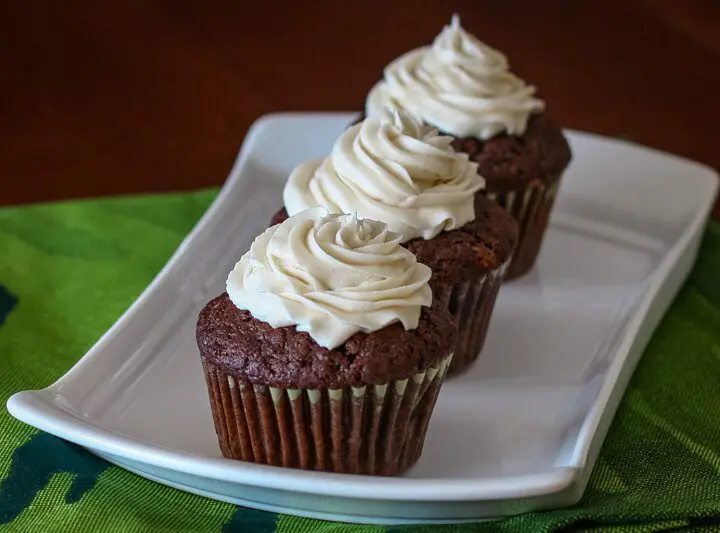 chocolate stout cupcakes on a serving tray