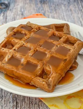 chocolate waffles on a plate with golden syrup