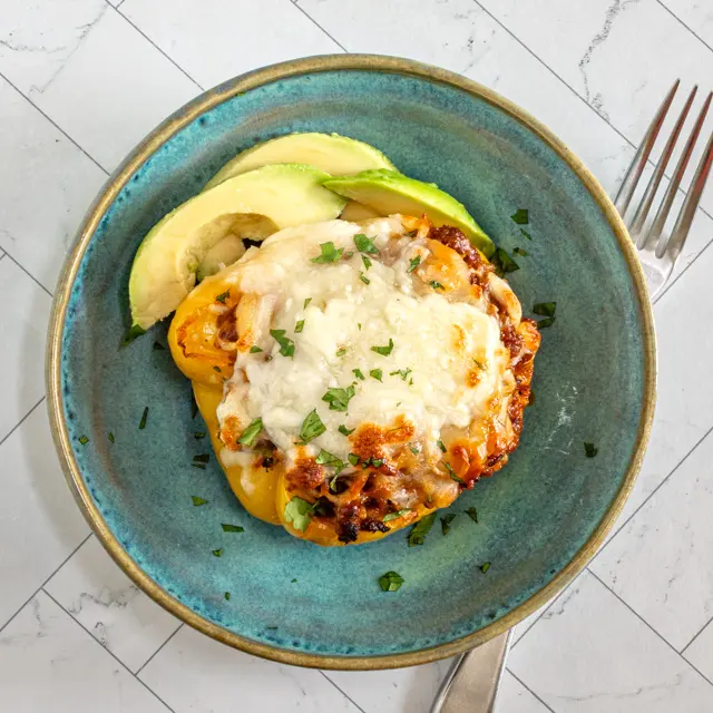 Stuffed peppers with chorizo and mozzarella cheese.