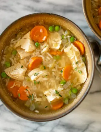 a bowl of chicken and rice soup