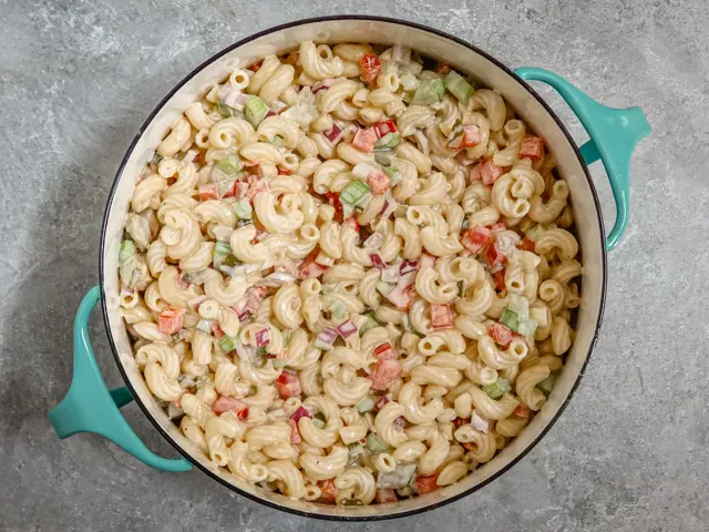 creamy macaroni salad in serving dish