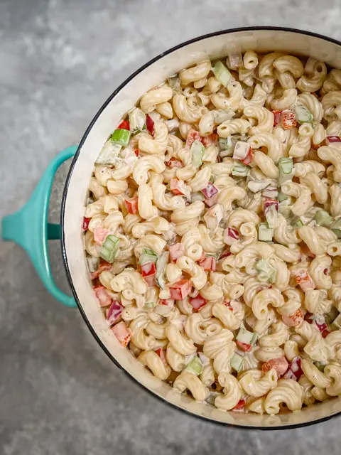 macaroni salad in a serving dish