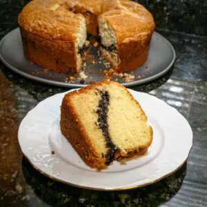 A slice of cocoa swirl coffee cake