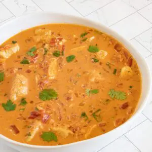 Quick coconut curry chicken in a serving bowl.