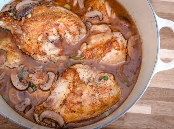 Dutch oven with coq au vin.