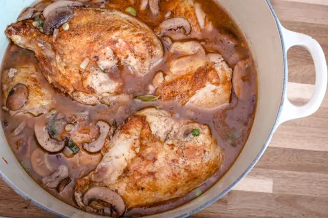 Dutch oven with coq au vin.