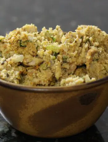 cornbread and sausage dressing in a bowl