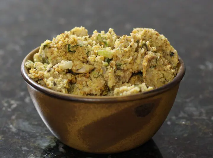 cornbread and sausage dressing in a bowl