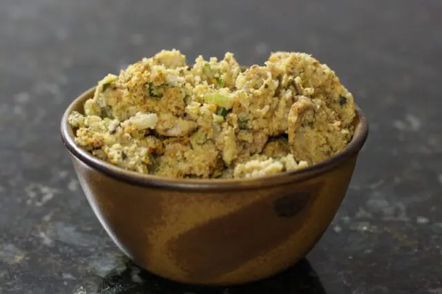 cornbread and sausage dressing in a bowl