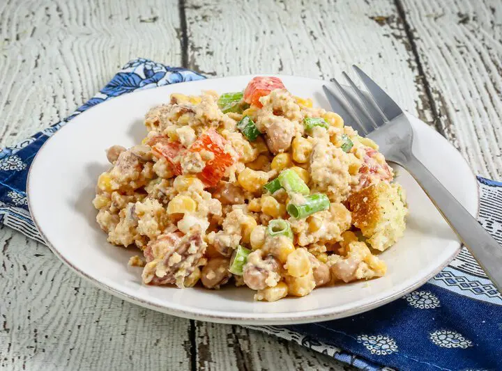 cornbread salad with tomatoes, pinto beans, and corn