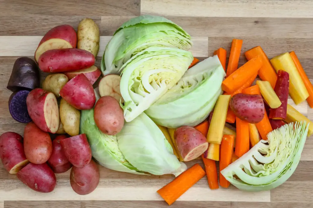 Cut-up vegetables for corned beef and cabbage dinner