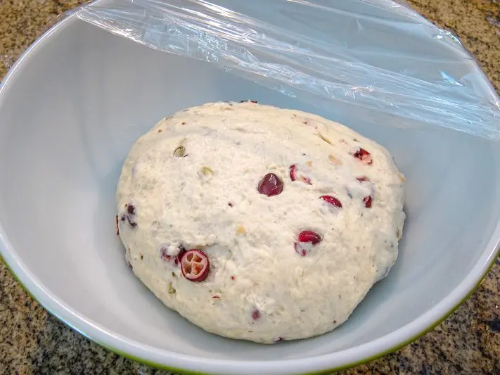 cranberry walnut yeast bread in a bowl for rising/proofing