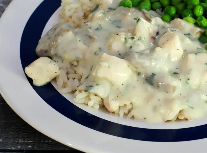 chicken and mushrooms in a creamy sauce on a plate