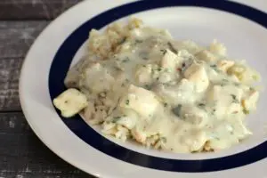 chicken and mushrooms in a creamy sauce on a plate