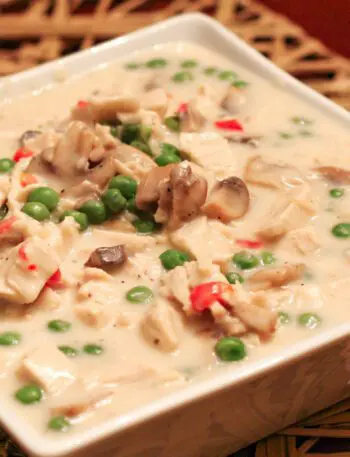 A serving dish with creamed chicken