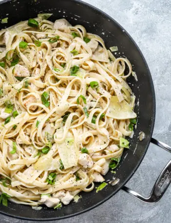 Closeup of creamy chicken pasta with artichokes and green onions.