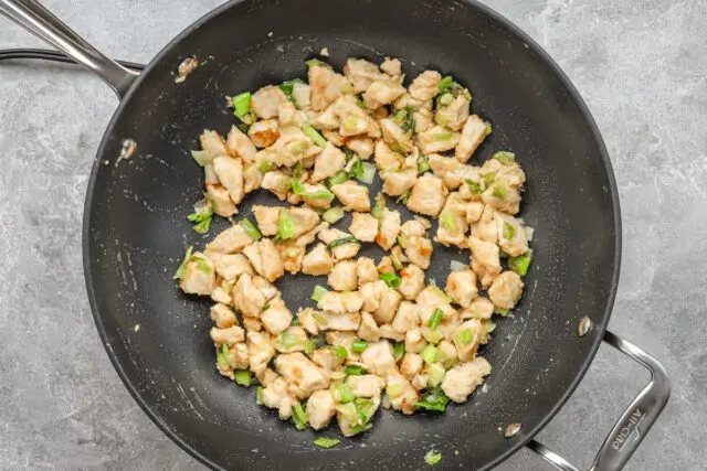 Diced browned chicken breast cubes with green onions.