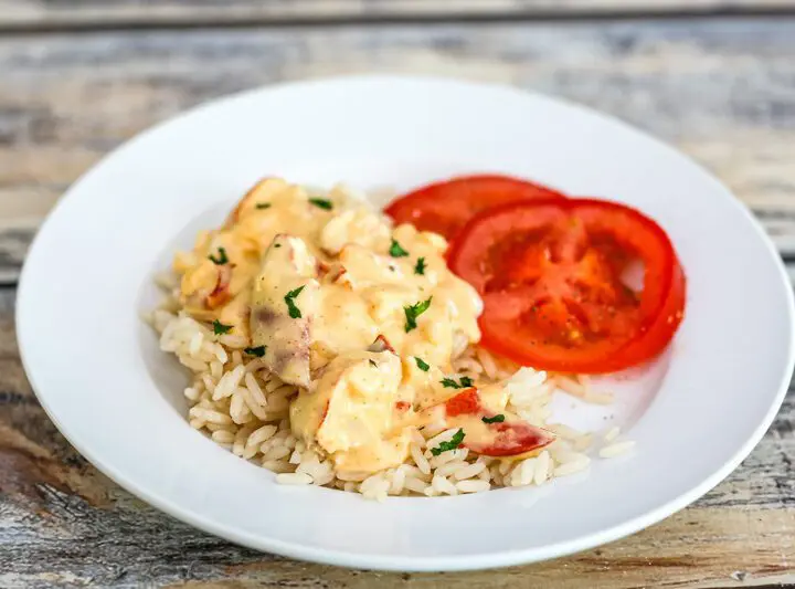 plate with lobster newburg served over rice.