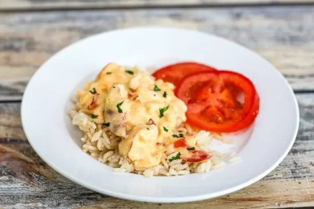 plate with lobster newburg served over rice.