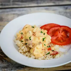 creamy lobster newburg is served over rice