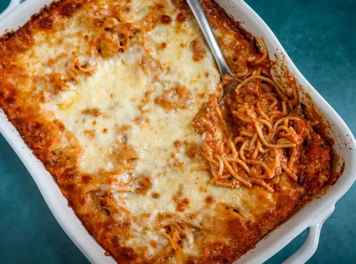 creamy spaghetti casserole in a baking dish