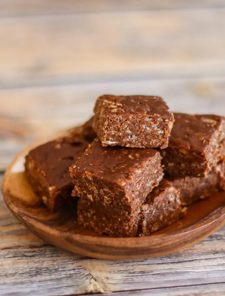 crisp chocolate fudge on a wooden serving dish