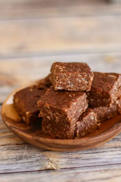 crisp chocolate fudge on a wooden serving dish