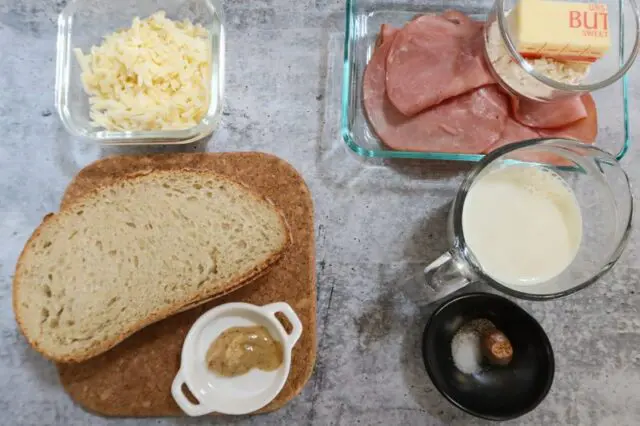 croque monsieur sandwich prep: ingredients