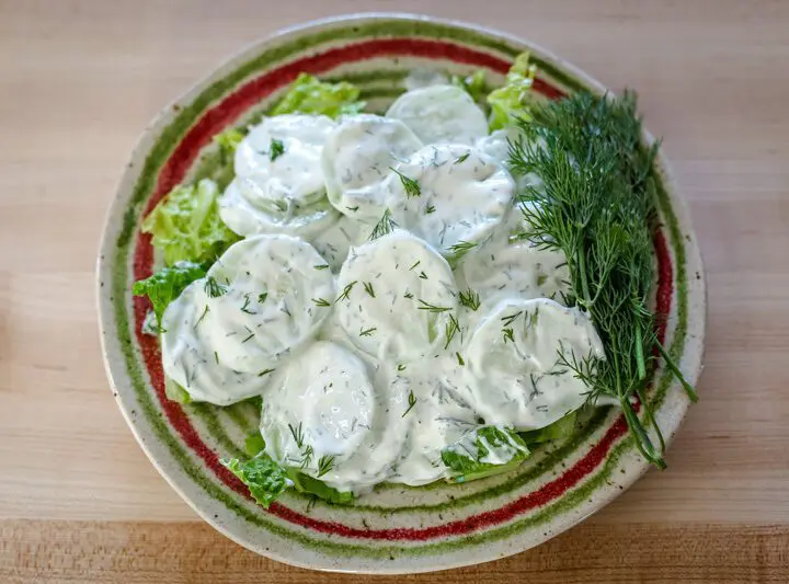 cucumber salad with sour cream and dill on a plate