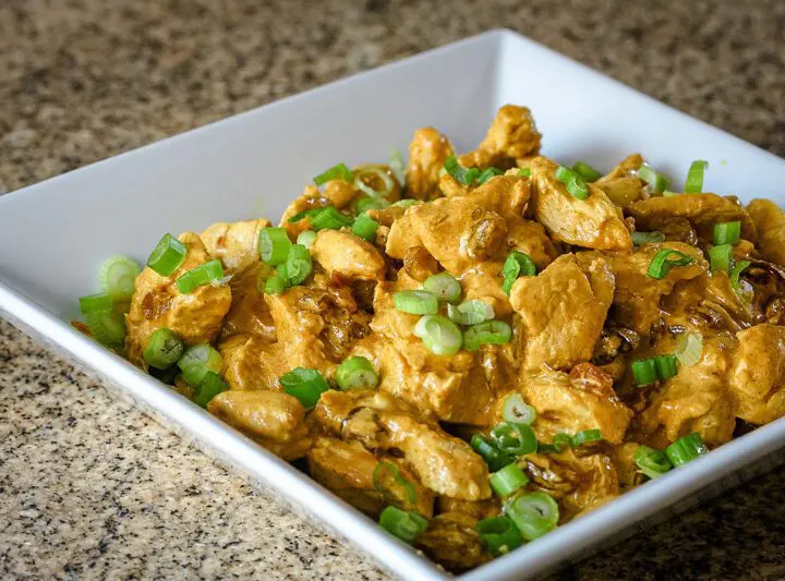 leftover turkey curry with raisins and spices in a serving bowl