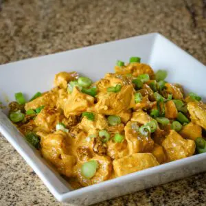 easy turkey curry with optional raisins and green onions, in a serving bowl