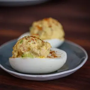 deviled eggs with ham and dill pickle