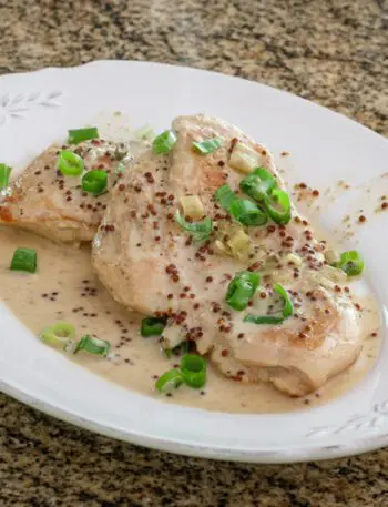 skillet dijon chicken with tarragon on a plate with green onion tops, garnishing it