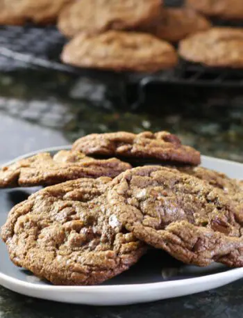 plate with chewy double chocolate chip cookies