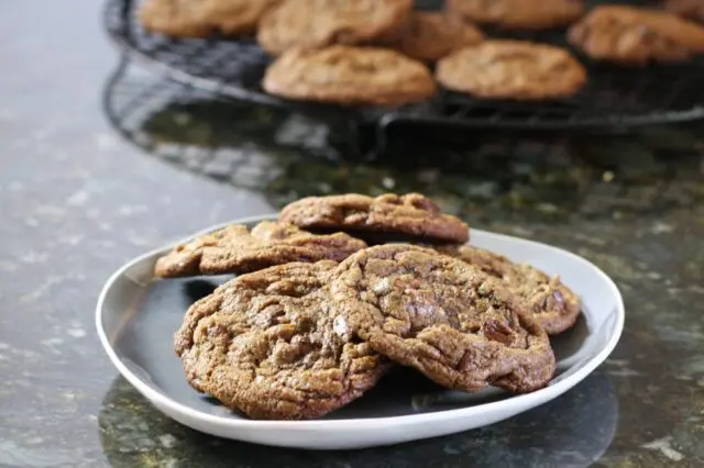 plate with chewy double chocolate chip cookies