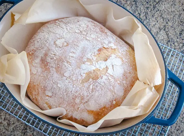 no-knead dutch oven bread in the baking pan